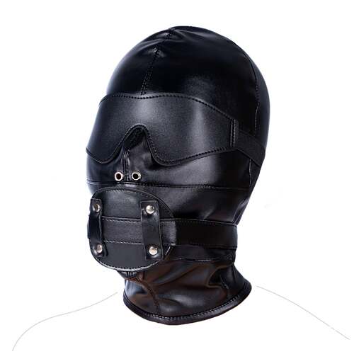 KINK经典黑色可拆卸系带全包头套面具皮革舞台饰品眼罩口球束缚