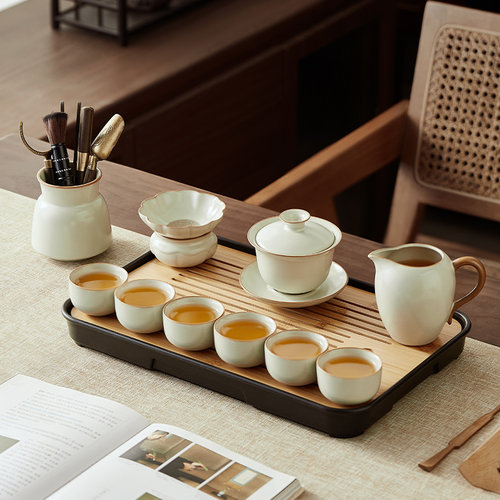 文白汝窑盖碗功夫茶具家用2025新款茶具套组高档办公会客喝茶整套