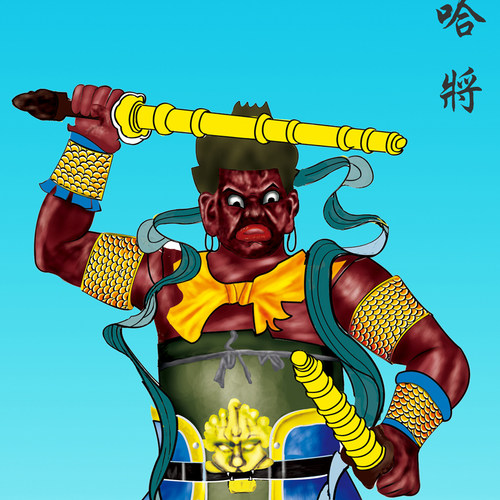 哼哈二将神像哈将画像挂画客厅玄关装饰画左右门神丝绸卷轴画定做