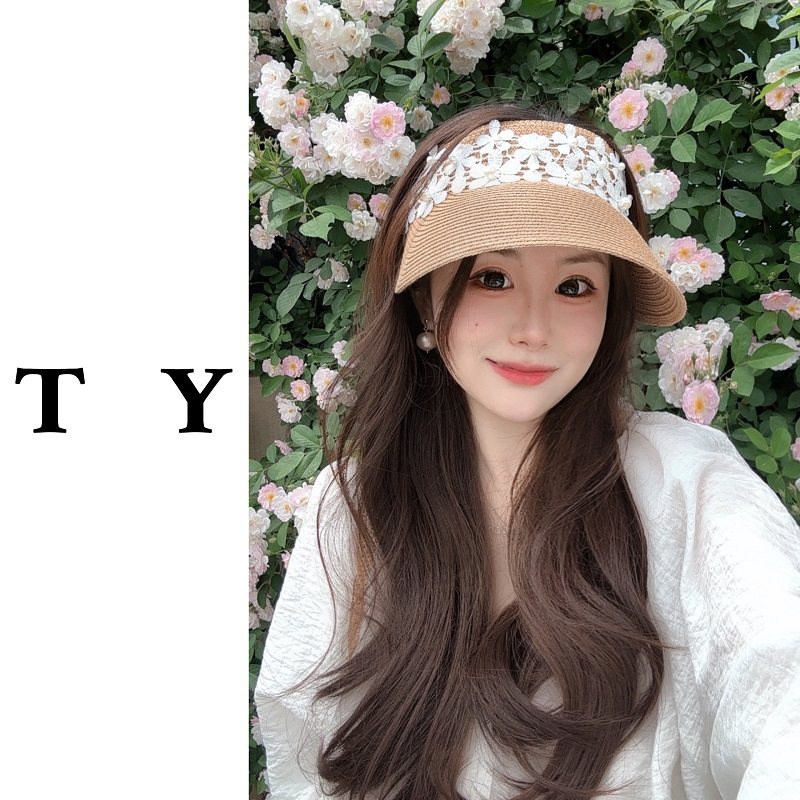 2026新款田园风草帽女夏季扎马尾蕾丝花朵草编发箍空顶帽