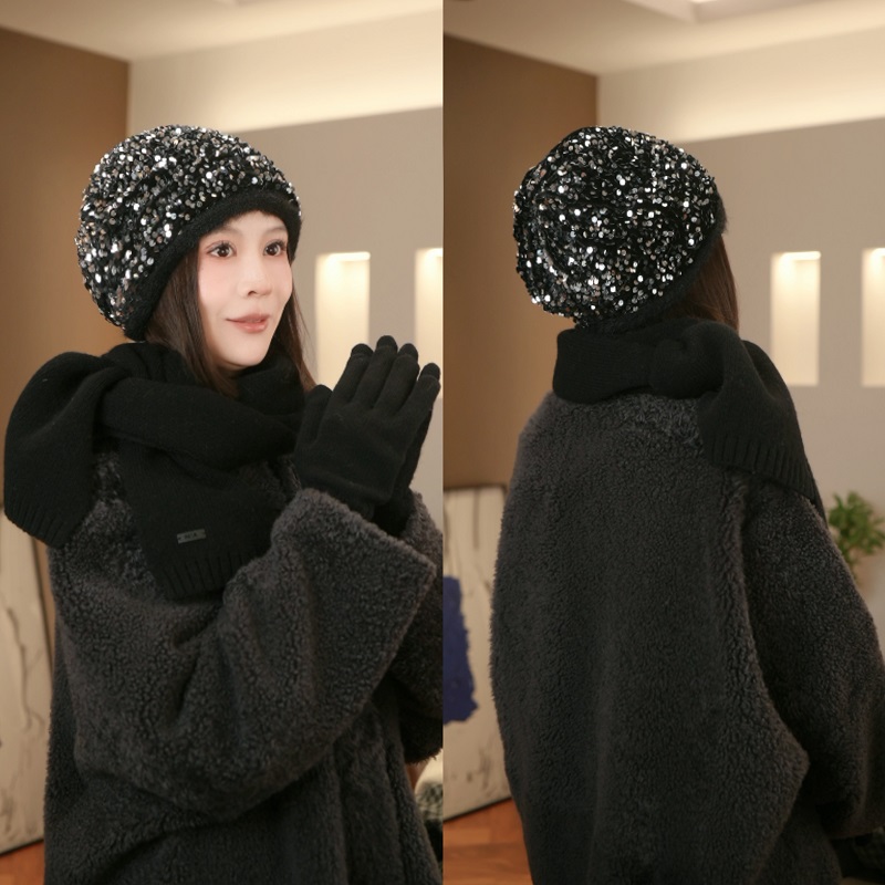 2025新款韩版香风针织亮片闪亮毛线帽女秋冬保暖遮脸包头帽显脸小