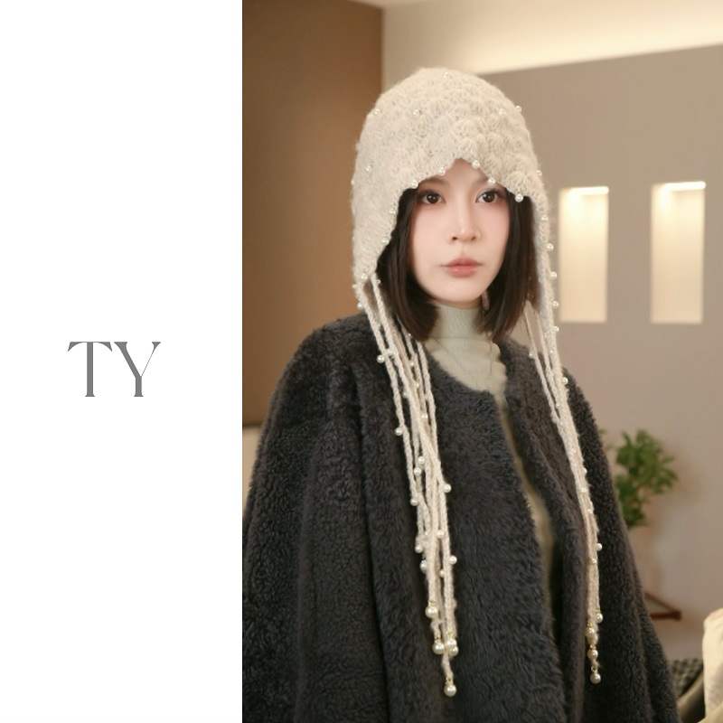 2025新款镂空珍珠流苏吊坠包头帽子女秋冬百搭民族风针织帽显脸小