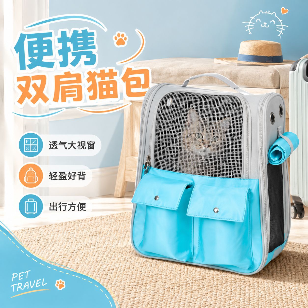 宠物双肩包外出便携背包猫咪宠物包大容量太空舱手提帆布透气舒适
