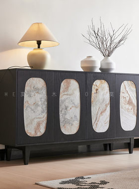 法式复古风全实木晚明风大理石纹四门斗柜客厅黑色收纳储物柜家用