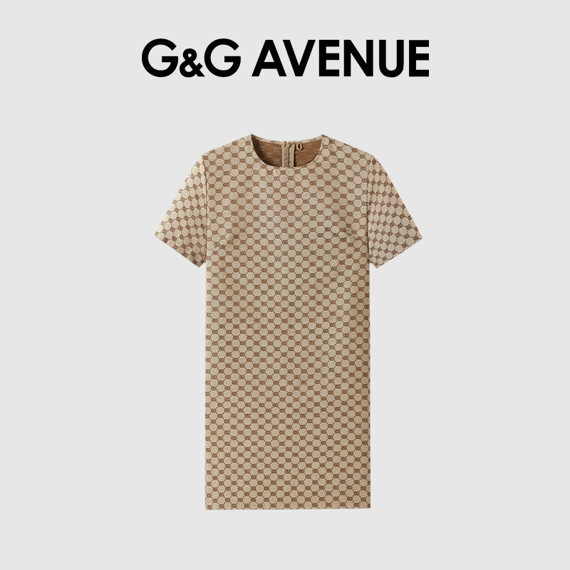 法国G&G AVENUE轻奢潮牌满印圆领连衣裙夏季女款微弹休闲卡其裙子