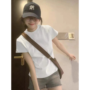 上衣服 2025夏季 纯棉简约时尚 正肩短袖 t恤女纯色洋气别致圆领半袖