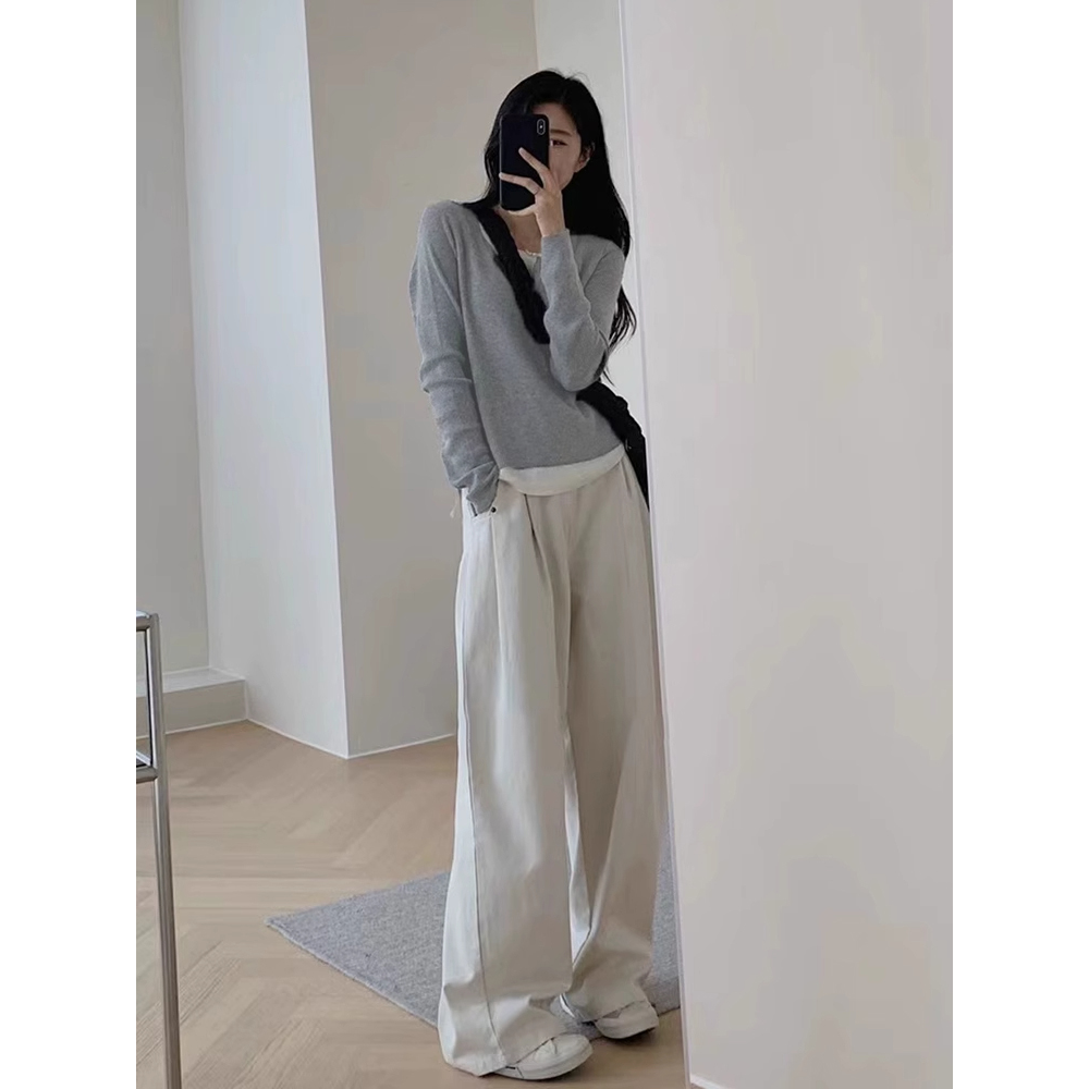 假两件V领针织长袖打底T恤女秋冬