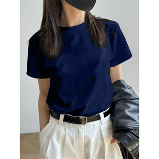 純棉藏青色t恤女短袖 修身 百搭打底衫 內搭純色顯瘦上衣 夏2025新款