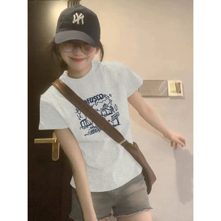 正肩时尚 短袖 纯棉美式 修身 上衣 T恤女2025夏季 百搭独特设计打底衫