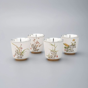 畲工坊足银999彩绘瓷银杯银茶杯子包银杯茶具描金品茗杯送礼礼盒