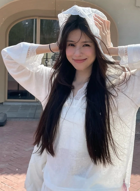 【鹤男同款】SerOra白色蕾丝拼接卫衣帽衫宽松休闲连帽长袖上衣女