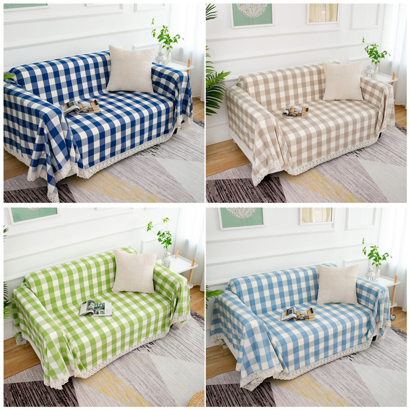 棉麻大格子布艺沙发巾蕾丝边加厚四季通用全包一体沙发盖布毯子