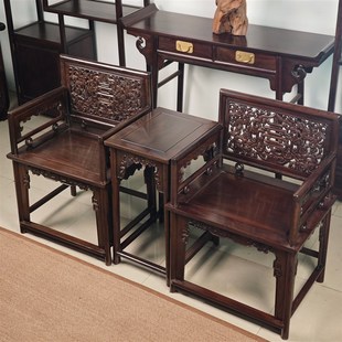 黑檀玫瑰椅三件套明式圈椅三件套中式实木太师椅茶桌椅子客厅摆件