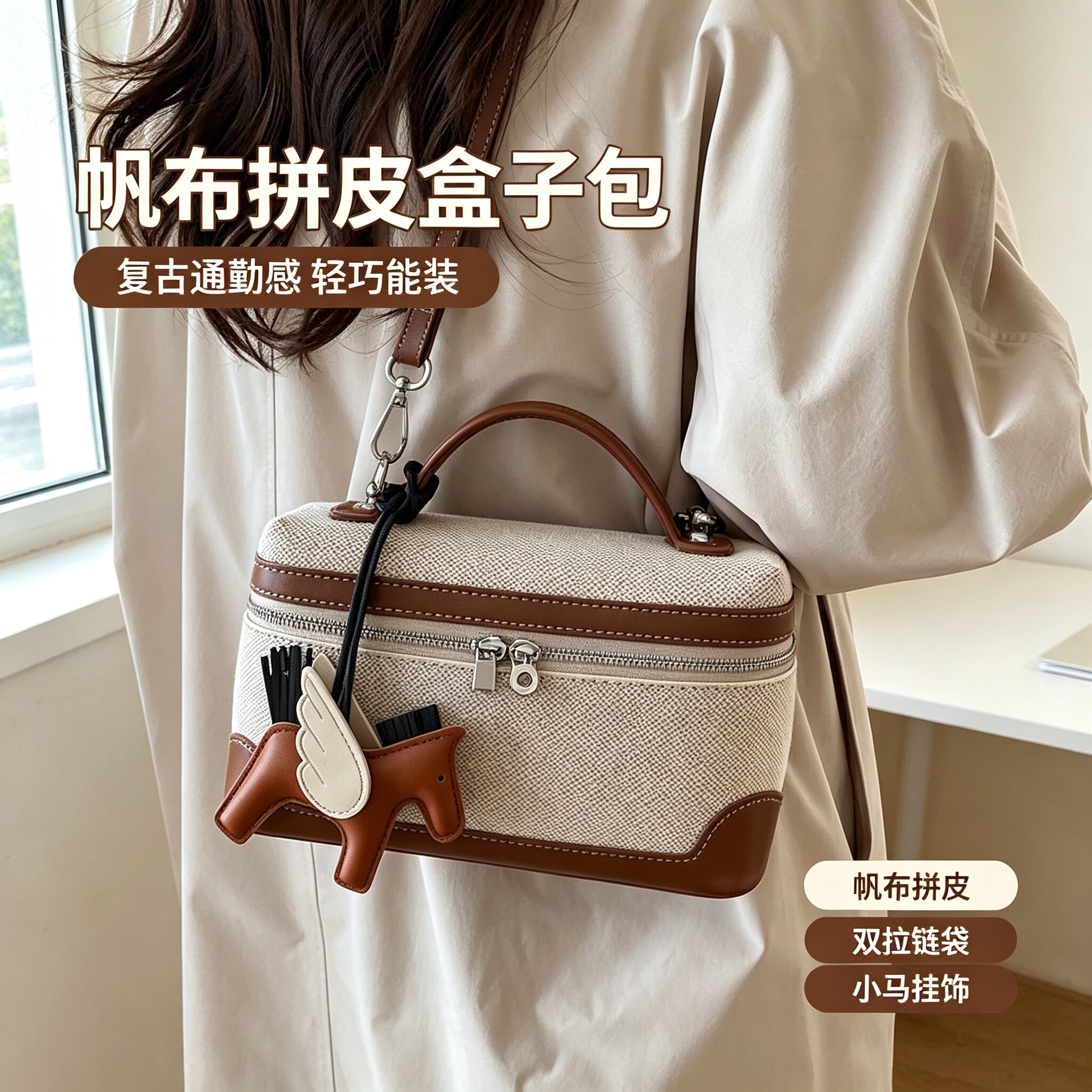 复古帆布拼皮盒子包女小众手提小包包可斜挎简约通勤质感单肩小包