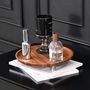 圆形胡桃木玄关钥匙托盘化妆品香水香薰收纳盘实木首饰高脚置物盘