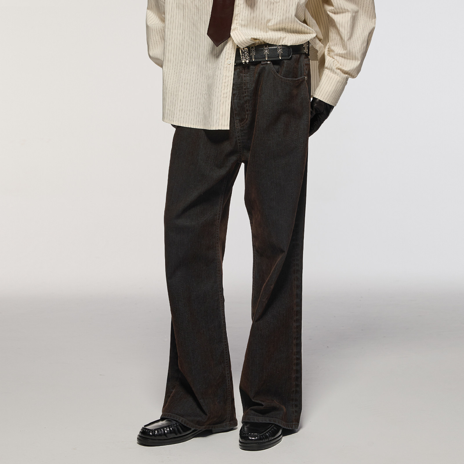 AzureLisseur未蓝棕色植绒牛仔裤