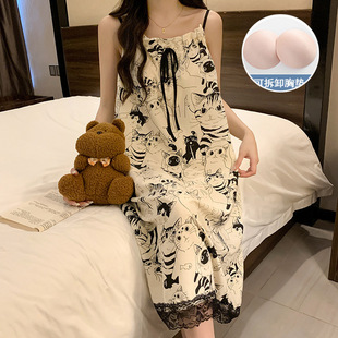 跨境睡衣女夏季 带胸垫泡泡棉吊带睡裙网红卡通家居服可外穿 新款