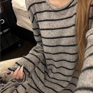 宽松高级感女士家居服 条纹情侣睡衣秋冬新款 时尚 休闲德绒简约长袖