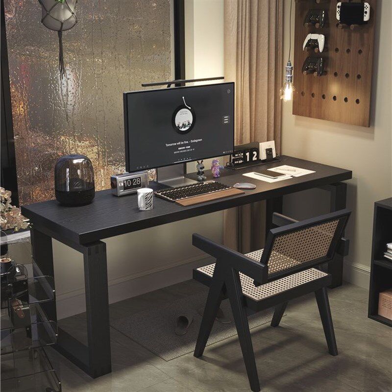 黑色实木书桌卧室靠墙莫比恩台式电脑桌家用办公桌学生简易写字桌