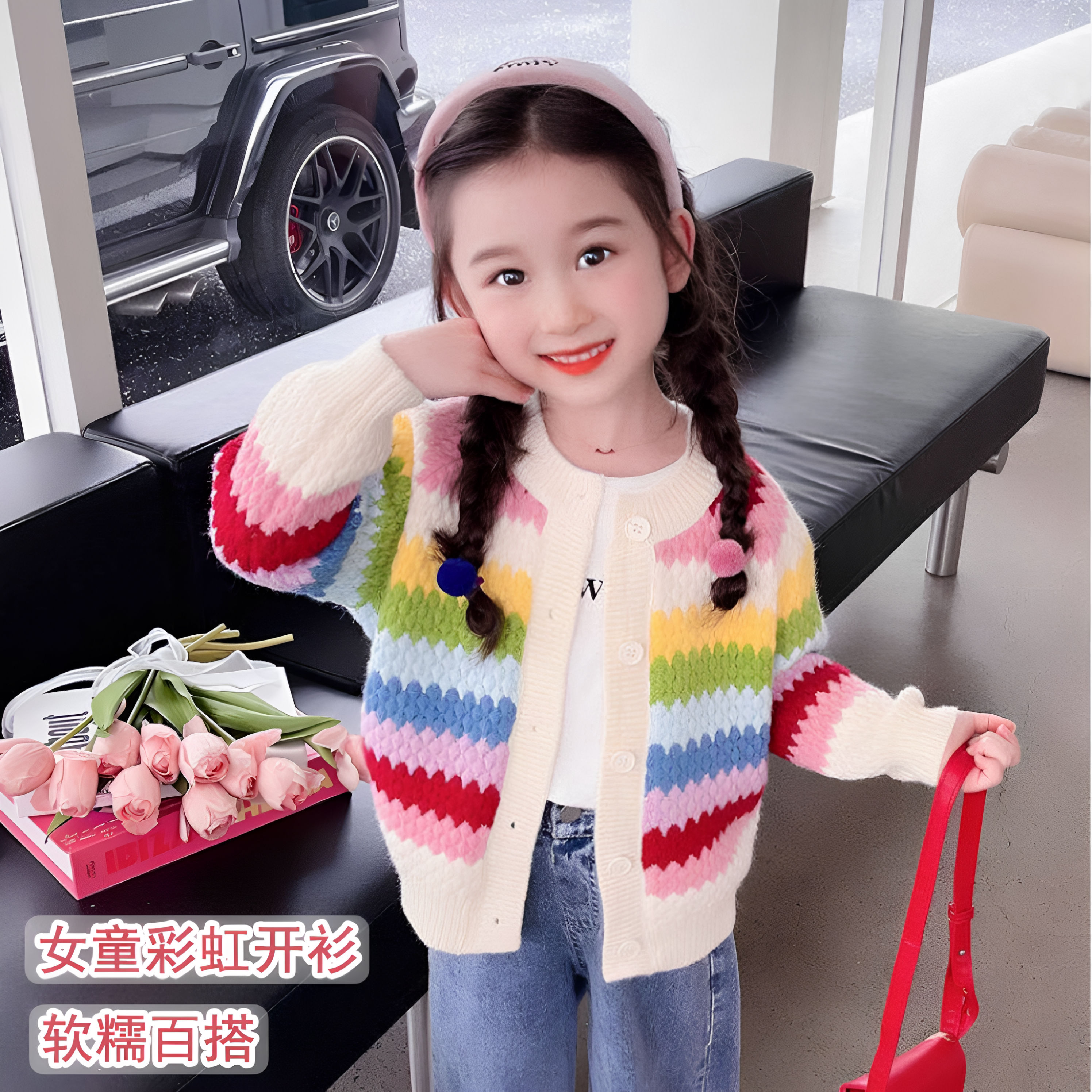女童彩虹条纹针织开衫加厚洋气