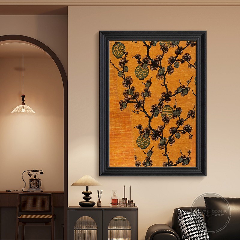 法式中国风客厅餐厅松树植物装饰画复古灯笼挂画入户玄关手绘油画图片