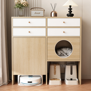 实木猫窝柜靠墙一体宠物柜室内猫别墅扫地机器人款定制猫窝置物柜