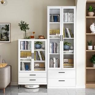 小户型家用奶油风书柜展示柜客厅轻奢玻璃门防尘儿童书架2024新款
