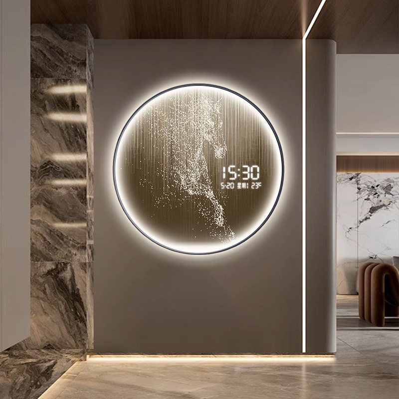 圆形骏马玄关装饰画万年历电子钟表马到成功客厅餐厅艺术时钟挂墙图片
