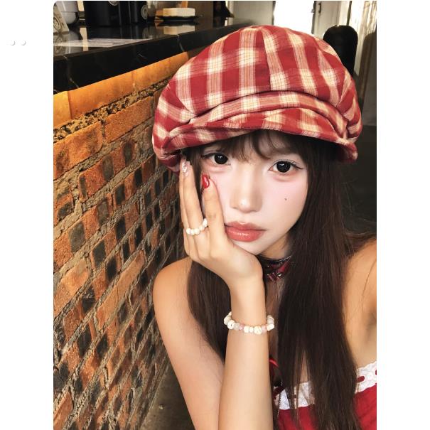 红色帽子日系覆古格子贝雷帽女夏季学院风画家帽大头围显脸小云朵