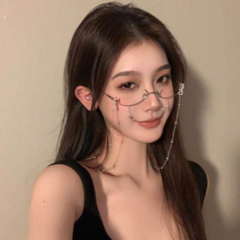 纯欲风网红眼镜框下半框眼镜女无镜片装饰带链条拍照道具流苏挂链