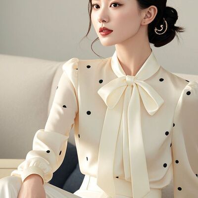 2026春秋穿搭又a又飒女装时髦洋气职业小香风波点蝴蝶结系带衬衫