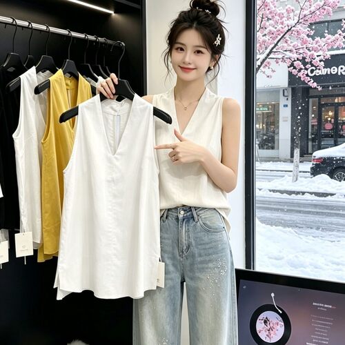 十三行女装新款2026夏季纯色宽松减龄V领挂脖无袖衬衫娃娃衫上衣