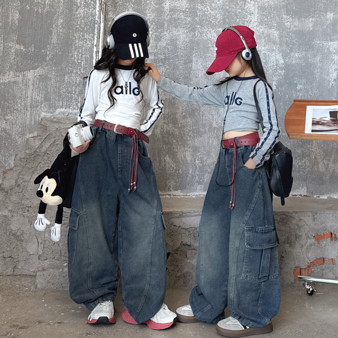 爵士舞女童长袖牛仔工装裤套装