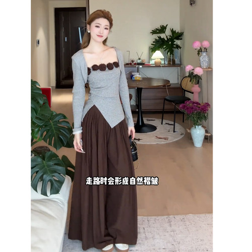 Wannvy Up 辣妹纯欲氛围感套装抹胸针织开衫上衣秋季休闲裤两件套