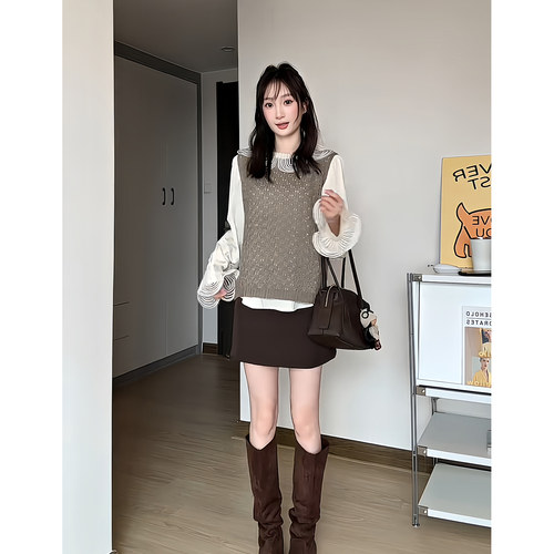 昕羽垚STUDIO 秋季新款甜美针织马甲衬衫女高腰显瘦A字短裙两件套