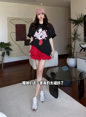 昕羽垚STUDIO 夏季别致卡通水洗炒纱短袖T恤休闲上衣红色短裤套装