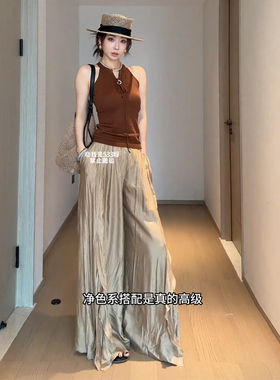 拾光里 STUDIO 辣妹韩系穿搭夏季针织吊带背心上衣开叉休闲裤套装