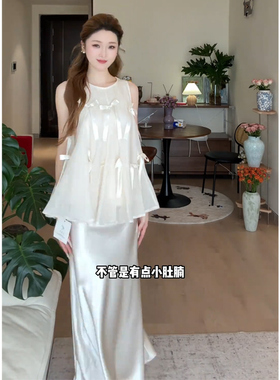 JIAHUI STUDIO 甜美减龄套装女蝴蝶结背心上衣缎面半身裙两件套