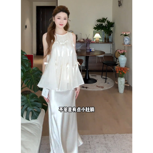 JIAHUI STUDIO 甜美减龄套装女蝴蝶结背心上衣缎面半身裙两件套