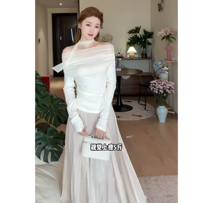 Wannvy Up 法式温柔风穿搭优雅气质一字肩长袖上衣秋季半身裙套装