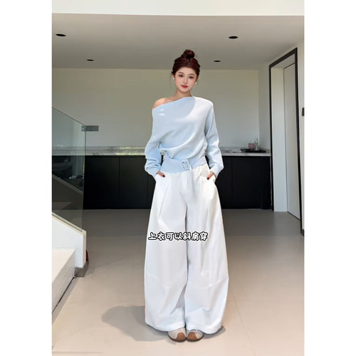 早春新款一字肩针织阔腿套装女