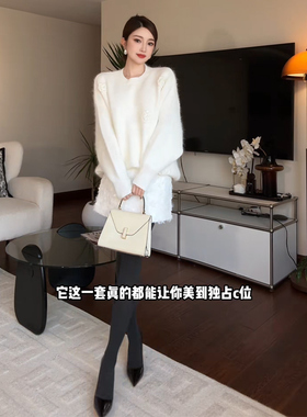 向晚意 STUDIO 轻奢重工手工钩花毛针织衫女高腰休闲半身裙两件套