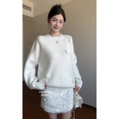 STUDIO 法式 手工钩花长袖 向晚意 毛针织衫 女高腰休闲半身裙两件套