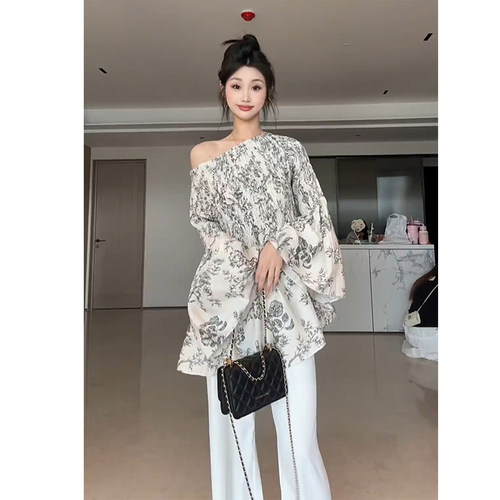 向晚意 STUDIO 法式一字肩宽松上衣通勤慵懒直筒休闲裤女夏两件套