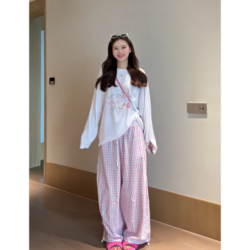 Wannvy up 休闲减龄白色卡通微透防晒罩衫女粉格子抽绳阔腿裤套装