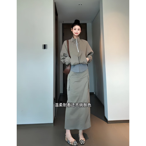 拾光里STUDIO 韩系休闲撞色半拉链长袖卫衣高腰显瘦工装半身裙子