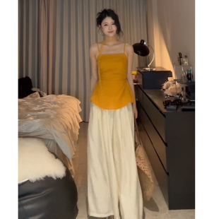 向晚意 STUDIO 夏季气质简约收腰吊带小衫松紧腰纹理汤汤裤休闲裤
