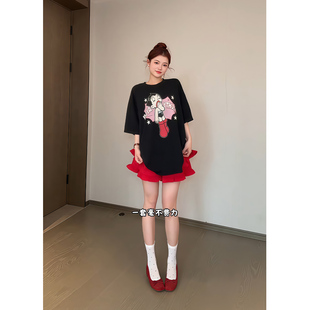 昕羽垚STUDIO 夏季韩系甜美卡通短袖T恤女装休闲上衣红色短裤套装