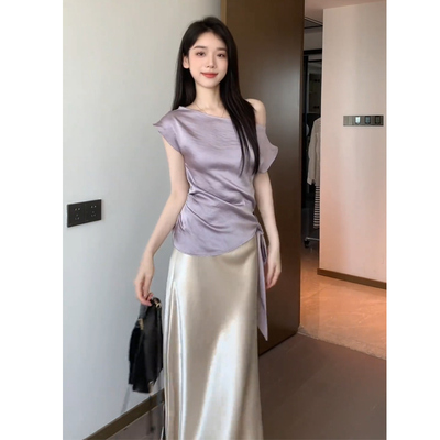 JIAHUI STUDIO 缎面设计感斜肩收腰显瘦小衫缎面气质高级感半身裙