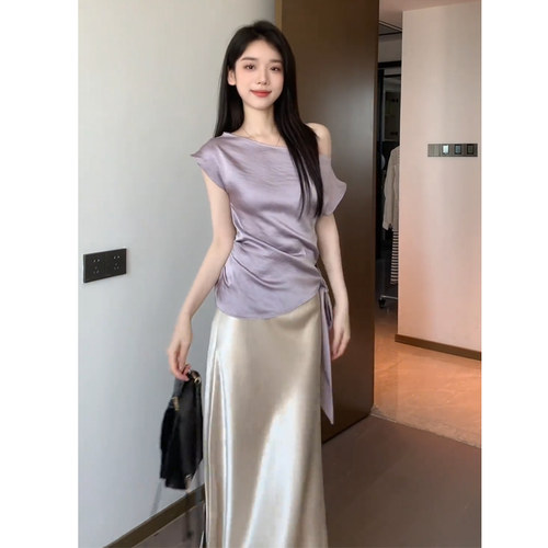 JIAHUI STUDIO 缎面设计感斜肩收腰显瘦小衫缎面气质高级感半身裙